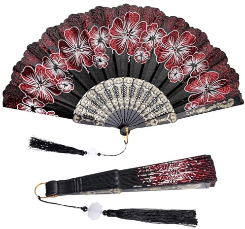choyaxo Éventail pliable chinois à motif floral pour déguisement, mariage, fête dansante, bricolage (rouge)