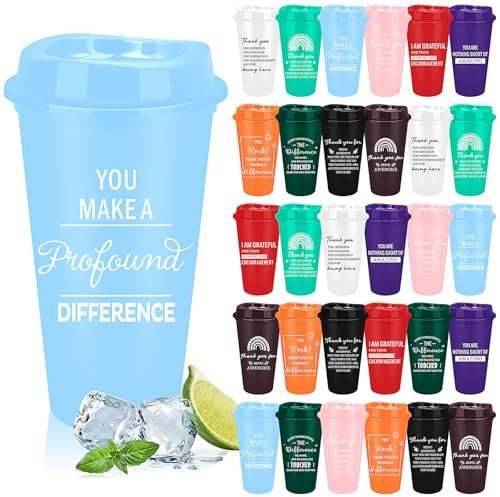 MSYU 470 ml Coffee Cups Bulk 30 Pcs Thank You Gifts Employee Appreciation Gift Inspirational Tumbler with Lid Reusable Plastic Coffee Cup for Women Teacher Coworker Staff (Bright Colors)