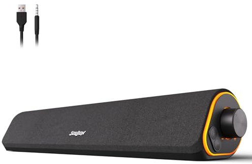 SOULION Altoparlante per PC, Bluetooth e altoparlante da 3,5 mm, funzionamento USB, luci colorate, soundbar con interruttore per PC, laptop, tablet, monitor, smartphone, 42 x 9 x 7 cm, nero