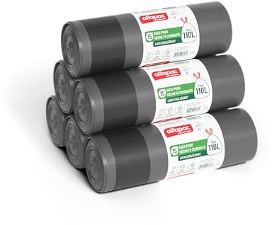 Alfapac professionnel - Carton de 180 sacs-poubelle 110L à lien coulissant - Ultra résistant - Etanche - 12 rouleaux de 15 sacs - Pour déchets courants