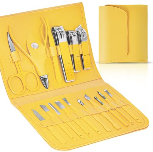 LOPHE Kit Manucre Pedicure Coupe Ongle,16 pcs Kit Manucre Pedicure Coupe Ongle Professionnel Coupe Cuticule,Ensemble de Coupe-ongles de Voyage avec Sac de Voyage en Cuir Jaune,Femme et Hommes
