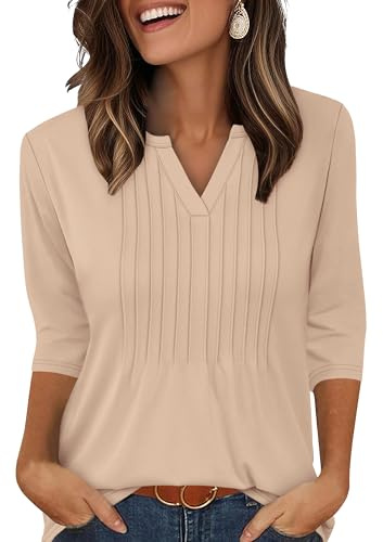 XIEERDUO Ladies Tops 3/4 Sleeve T Shirts for Women V Neck Womens Blouses Pleated Long Sleeve Tunic Apricot Size 22-24