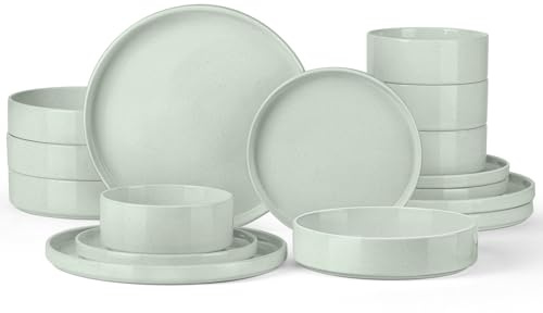 Onader Speckled Dinnerware Set for 4 with Pasta Bowl, 16 Piece Stoneware Plates and Bowls Dishes Set, Microwave & Dishwasher Safe – Pale Sage Green
