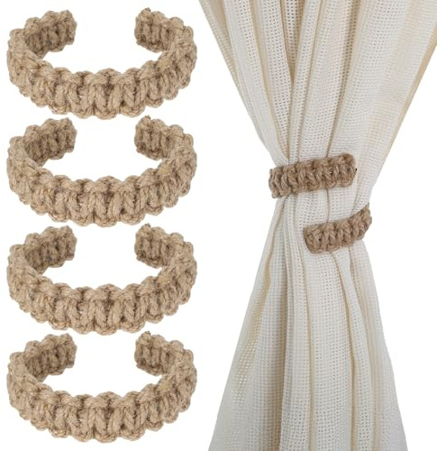 Classicseali 4 Pack Braided Curtain Tie Backs, Farmhouse Boho Tie Backs for Curtains, Rustic Rope Curtain Tiebacks for Home Office Bedroom Window, Elegant Curtains Holder for Home Decor