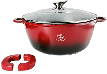 Royal Swiss Faitout 32 cm Noir 9.5L – Revêtement Marbre Antiadhésif, Couvercle en Verre, Compatible Induction & Four, Fonte d’Aluminium, Poignées Silicone Amovibles (Rouge, 32 cm)