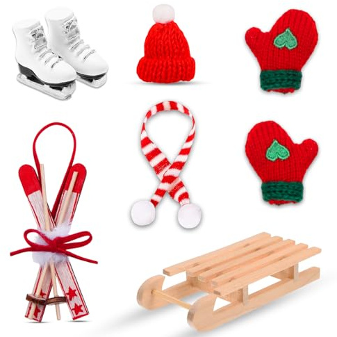 IWTBNOA Wichtel Schlitten Set, 9 Pcs Wichtel Zubehör Weihnachten, Wichtel Ski Set mit Schlittschuhe, Schlitten, Handschuhe, Schals, Mütze, Miniatur Weihnachten Wichtel für Wichteltür Deko Geschenke