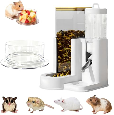 No-Drip 2-in-1 Hamster Water Bottle & Automatic Feeder, All-in-One Small Animal Cage Accessories with Snack Bowl for Hamsters, Guinea Pigs, Chinchillas, Ferrets, Hedgehogs and Sugar Gliders