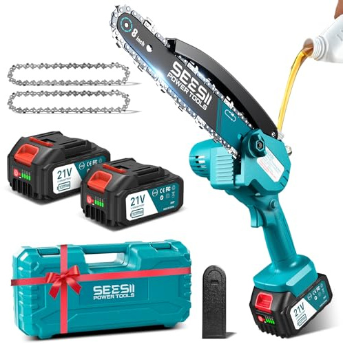 SEESII 8 Pouces Mini Tronçonneuse à Batterie 2x4000mAh | Tronçonneuse Électrique sans Fil avec Auto-Oiler et Chaîne de Remplacement, Tronconneuse Thermique pour Jardin