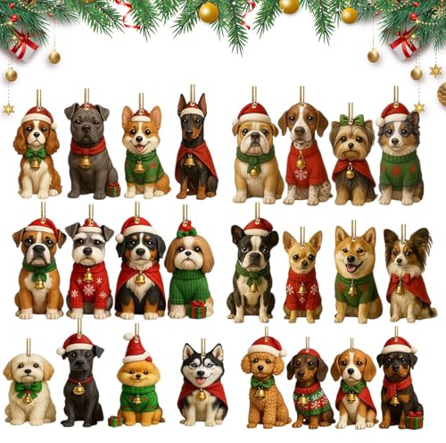 Weihnachten Countdown Kalender - 2D Acryl Hund Deko Advent | 24 Tage Hund Weihnachtsbaum Dekorationen - für Home Tree Schreibtisch Kamin Urlaub Fenster Tür Party