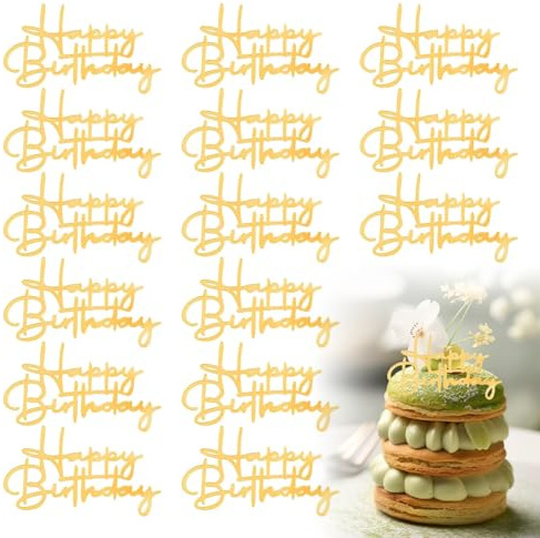 Happy Birthday Cupcake Toppers Set – 15 Pcs Gold Acrylic Cake Toppers – Birthday Cupcake Decorations for Cakes Desserts – Party Celebration Cake Decorating Accessories