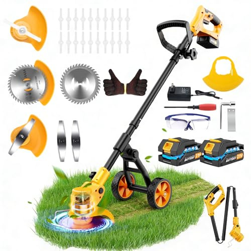 Debroussailleuse Electrique sans Fil avec 2 Batteries 2,0 Ah, 21V Débroussailleuse Batterie, Coupe Bordure sans Fil avec Chargeur et Roues Amovibles Batterie pour Tondre Le Jardin et la Pelouse.