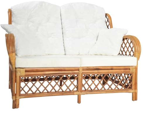 HETFTJN 2-Sitzer Schlafsofa Hellbraun Rattan Couch 125x81x88 cm Modernes Leinen-Garnitur mit Cremeweißen Kissen Robust und Leicht zu Reinigen für Livingroom Balkon Schlafzimmer