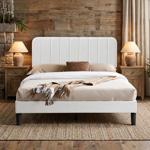 VECELO Polsterbett 140 x 200 cm Doppelbett, Höhenverstellbarem Kopfteil, Massivem Holzlattenrost, Samtstoff und Einfache Montage, für Schlafzimmer und Gästezimmer, Weiß