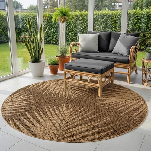SIMPEX Outdoor Teppich Rund 80 cm Wetterfest Pflegeleicht Jute Natur Optik Palmen Design für Balkon Küche Flur Indoor Outdoor