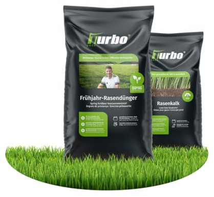 turbogrün® Rasendünger und Rasenkalk Bundle für 1.000 m² Rasenfläche | Staubarmes Granulat für Frühjahr und Sommer - kombiniert Düngen und Kalken, verdrängt Moos und ist für Streuwagen geeignet