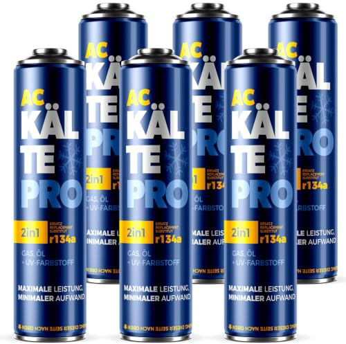 KALTEPRO 6x Sostituto del refrigerante per auto R134a 2 in 1 – Gas per climatizzatore con olio e colorante UV. Confezione da 6 bombolette di gas refrigerante