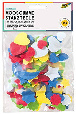 folia 231509 - Moosgummi Stanzteile, 150 Teile sortiert, mit Herzen, Sternen und Mond, Schmetterlingen und Blumen, bunter Farben-Mix