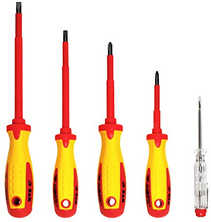 S&R Elektriker Schraubendreher-Satz 5-tlg – Kreuz/Schlitz Schraubenzieher-Set mit Spannungsprüfer, VDE-Isolation bis 1000V, Chrom-Molybdän-Stahl, ergonomischer Kraftform-Griff, magnetische Spitzen