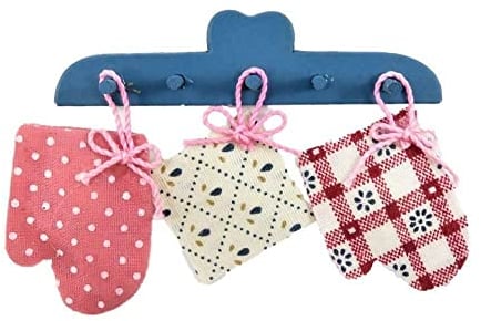 Melody Jane Dolls House Blue Wall Rack with Hanging Oven Gloves & Cloth Kitchen Accessory