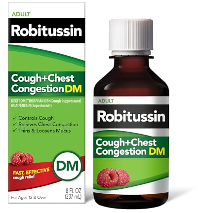 Robitussin Cough and Chest Congestion DM, Cough Suppressant and Expectorant, Raspberry Flavor - 8 Fl Oz Bottle
