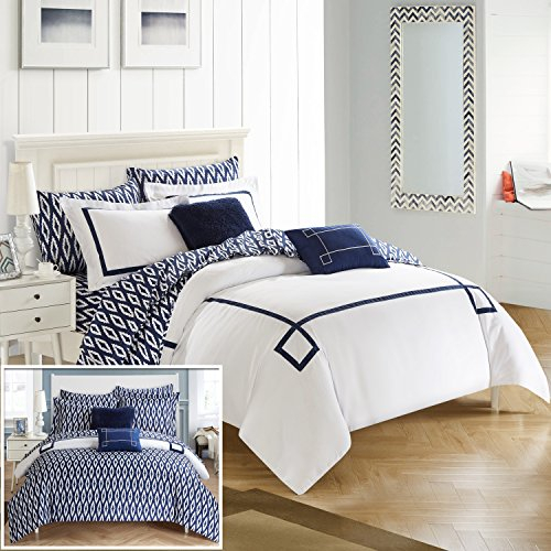 Chic Home Trace Wende-Bettwäsche, griechischer Schlüssel, Besticktes Muster, Moderne Aquarell-Technik, Druck, Bettwäsche, Queen, Marineblau, 9-teilig