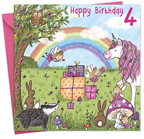 Twizler Geburtstagskarte für Mädchen, Tiermotiv: Einhorn mit Feen, Regenbogen und Glitter, für den 4. Geburtstag