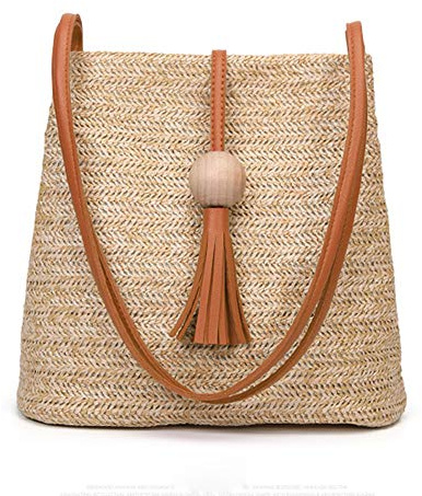 GL-Turelifes Sac à main rond en paille - Grand sac à main tissé - Pour la plage, les vacances, les voyages - Pour femme, Poignée marron., Large