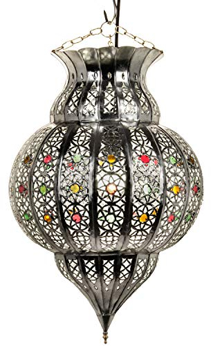Lámpara colgante oriental plateada Jilan 42 cm, casquillo E27, diseño marroquí, lámpara colgante de Marruecos, lámpara oriental para salón, cocina o colgar sobre la mesa de comedor