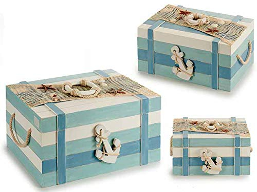 Regal ARTE Import, S.L. Set aus 3 Holztruhen mit rotem Netz, Maße: 32 x 50 x 25,5 cm.