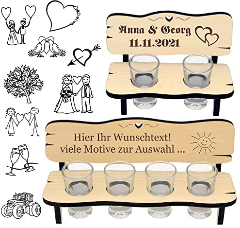 Personalisierte Schnapsbank aus Holz - Gravur mit Name + Spruch - mit Zwei Gläser oder 4, Geschenkidee zur Hochzeit, Geburtstag, Jubiläum, Stammtisch, romantisch für Pärchen