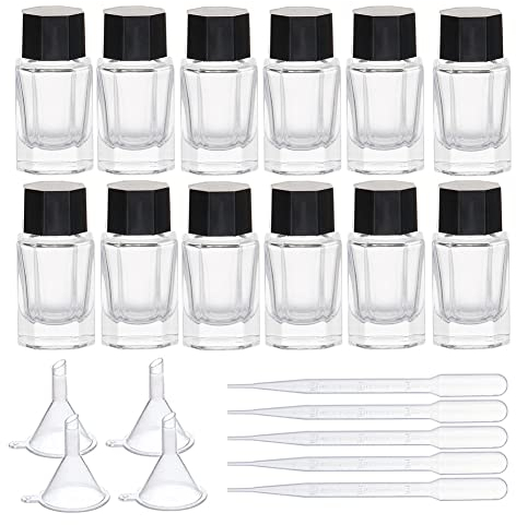 BENECREAT 12 Pack 15ml Glass Fountain Pen Ink Bottles with Plastic Bottle Cap, 4PCS Hoppers and 6PCS 2ml Droppers for Pen Calligraphy