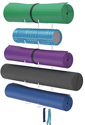 Wallniture Guru Schaumstoffrolle & Yogamattenhalter Wandhalterung mit 3 Haken zum Aufhängen Yoga-Gurt, Widerstandsbänder, 5 Abschnitte Metall (Weiß)