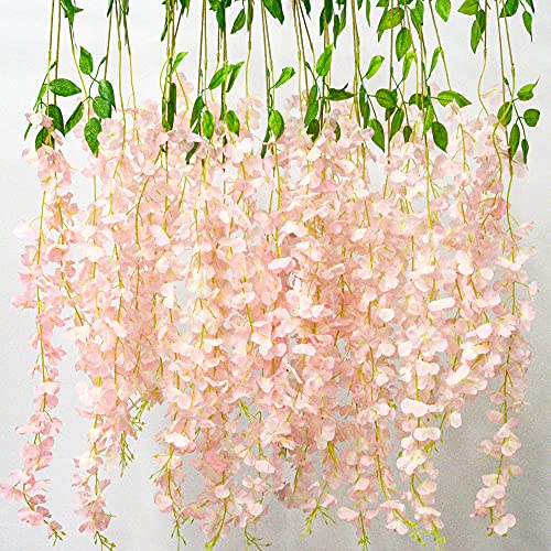 AIBAOBAO 12 Pièces Artificielle Fleurs Faux Wisteria Vigne Plantes Suspendues Plastique, Guirlandes de Fleurs de Cerisier Artificielles pour la Maison, Mariage, Jardin (Rose)