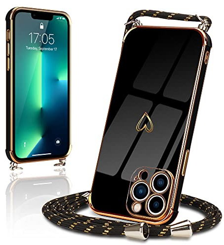 Micoden for iPhone 13 Pro Case Crossbody Lanyard Cord Neck Strap Chain Cute Heart Electroplating for Girls Women Holder with Necklace Silicone Shockproof Cover for iPhone 13 Pro Black