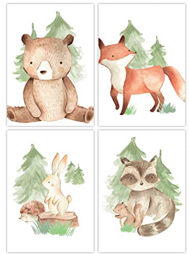 Pandawal Kinderzimmer Babyzimmer Waldtiere Bilder Deko Natur Poster Set 4er Tiere für Kinder Junge I Mädchen DIN A3