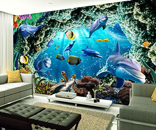 XAONUO Strand Wandbild Fototapete Selbstklebend 3D Effekt 400X280Cm Strand Delphine Fische Wandbilder Wohnzimmer 3D Wandtapete Fotohintergrund Art Poster Schlafzimmer Flur Wanddeko