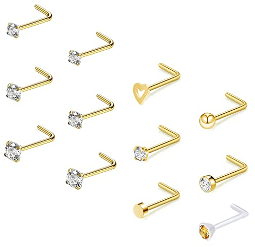 ZS 12 Stück 20G Nasenstecker Ringe – Chirurgenstahl L Form Nasenpiercing Stecker CZ Nase Piercing Schmuck für Damen Herren (Gold, L-Form)