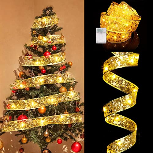 Weihnachtsbaum LED Lichterkette, 5M/16.4ft 50 LED Glänzende Band Lichterkette, Batteriebetrieben Weihnachtsbaum Lichterkette Glänzende Band für Dekoration Indoor Hochzeit Weihnachtsdekoration (Gold)