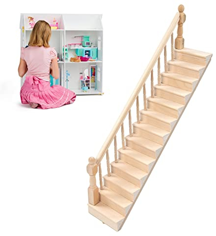 TKSE Puppenhaustreppe, Miniatur-Puppenhaustreppe, glänzend, abgerundete Ecken, Birkenmaterial, DIY Vivd, niedlich, Miniaturtreppe im Maßstab 1:12 zum Basteln(Left Armrest)