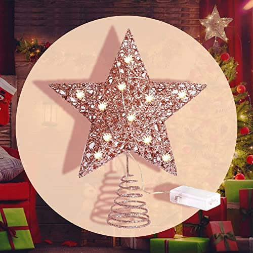 Christmas Tree Topper Star Treetop Decoration Glittering Christmas Tree Topper Star Metal Design Holiday Seasonal Ornaments for General Size Christmas Tree (Rose)