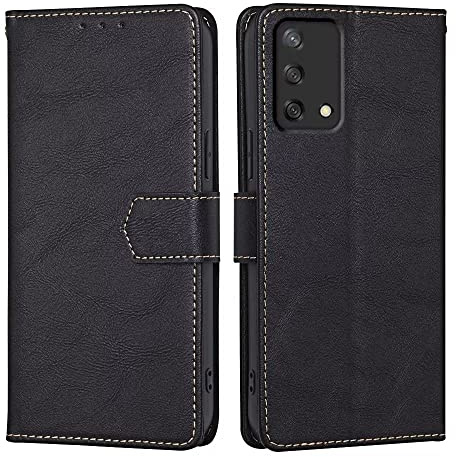 RankOne Hülle für Oppo A74 (4G) (6.43 Inches) Handyhülle Aus Leder - Hülle mit Magnetverschluss - Schutzhülle - Schwarz
