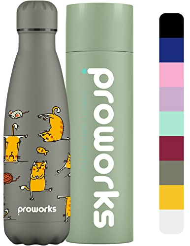 Proworks Edelstahl Trinkflasche | 24 Std. Kalt und 12 Std. Heiß - Vakuum Wasserflasche - Isolierflasche für Sport Laufen Fahrrad Yoga und Camping - 500ml - Gravity Grau - Katzen-Yoga