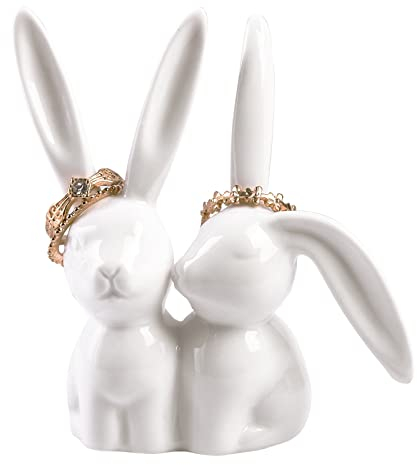 Yundu Porta anelli in ceramica coniglietto, supporto per anelli di fidanzamento nuziale, supporto per gioielli, decorazione per camera preppy, regali carini per le donne