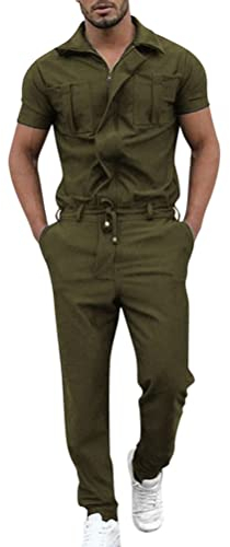 Oanviso Herren Overalls Einteiliges One-piece Sommer Jumpsuit Einfarbig Set Kurzarm mit Reißverschluss Hose Lang mit Taschen Mode Casual Overall Hemd mit Revers A Grün S