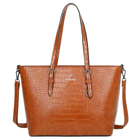 Double Tree - Sac à Main Bandoulière Femme Similicuir Crocodile - Cabas Fourre-Tout Format A4 Cours Lycée - Sac Shopping Ville Travail Porté Epaule - Elégant Tendance - CAMEL