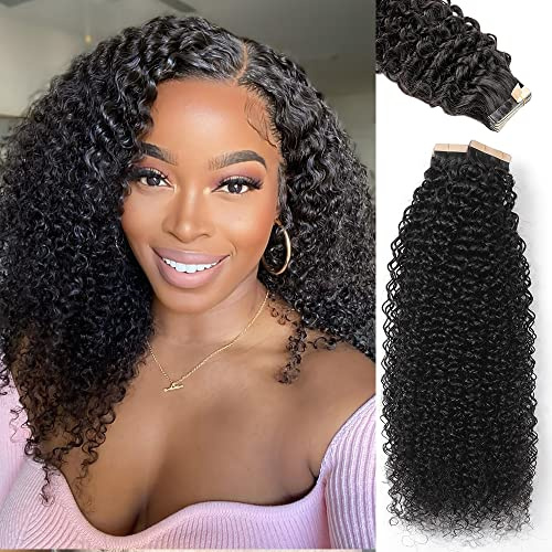 YDDM 18 Zoll Tape Extensions Echthaar 40 Stück 80g Schwarz Kinky Curly Tape In HaarverläNgerung Echthaar Schwarze Frauen Tapes Unsichtbare Extensions Echthaar Tape Extensions Echthaar