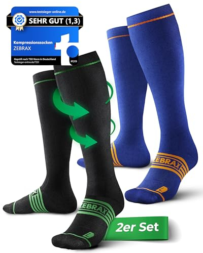 ZEBRAX® 2er Kompressionsstrümpfe Damen & Herren [Gr. 35-47] zur Förderung der Performance I Gepolsterte Stützstrümpfe für schmerzfreies Joggen uvm. I Atmungsaktive Kompressionsstrümpfe Herren