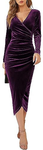 Yutdeng Abito da Donna Elegante in Velluto Invernale Abito da Cocktail Abiti da Cerimonia Lunghi Aderente a Maniche Lunghe Vintage Vestito Sexy Scollo a V per Cocktail Feste Sera Ballo,Viola,S