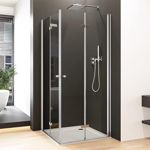 Duschkabine Eckeinstieg 80x80cm Falttür Duschabtrennung, Eckeinstieg Dusche mit Doppel Falttür Duschwand aus 6mm ESG Sicherheitsglas, Komplettdusche 80x80x185cm