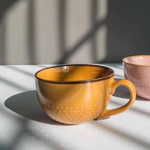 XQZMD Coffee Cup Large Cup, 700 ml Coffee Mug with Handle, Large Cereal Bowls, Cappuccino Cups, Stoneware, Salad Bowl, Suitable for Milk Desserts, Microwave Safe (Yellow)